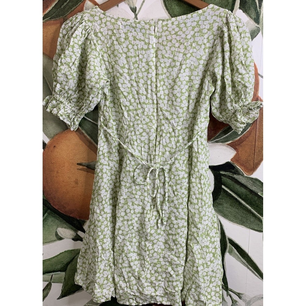 Faithfull the Brand Womens Size 4 Light Green Floral Puff Sleeve Mini Dress - Picture 6 of 6